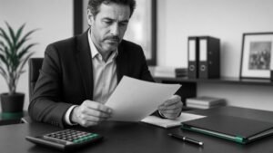 Facture impayée examinée par un dirigeant, calculatrice et dossier de recouvrement