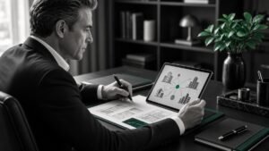 Investisseur examinant un portefeuille SCPI et biens immobiliers sur tablette