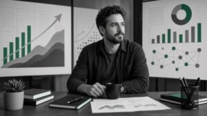 Chef d'entreprise consultant des graphiques de croissance et canaux de génération de leads